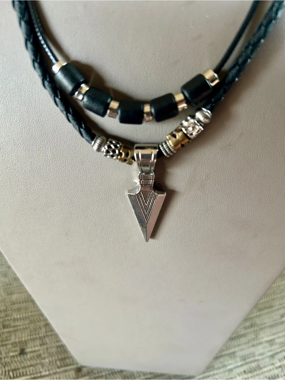 Men's Black Braided Leather Necklace with Silver Arrowhead Pendant